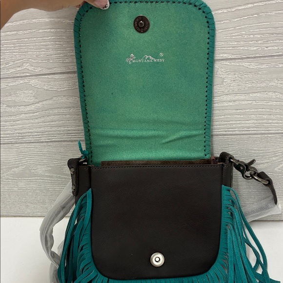 Montana West Brown Faux Calves Hair and Leather Teal Fringe Crossbody Bag - Picture 6 of 11